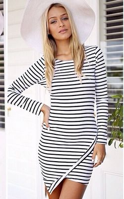 F2313 White Stripe Long Sleeve Asymmetrical Hem Dress